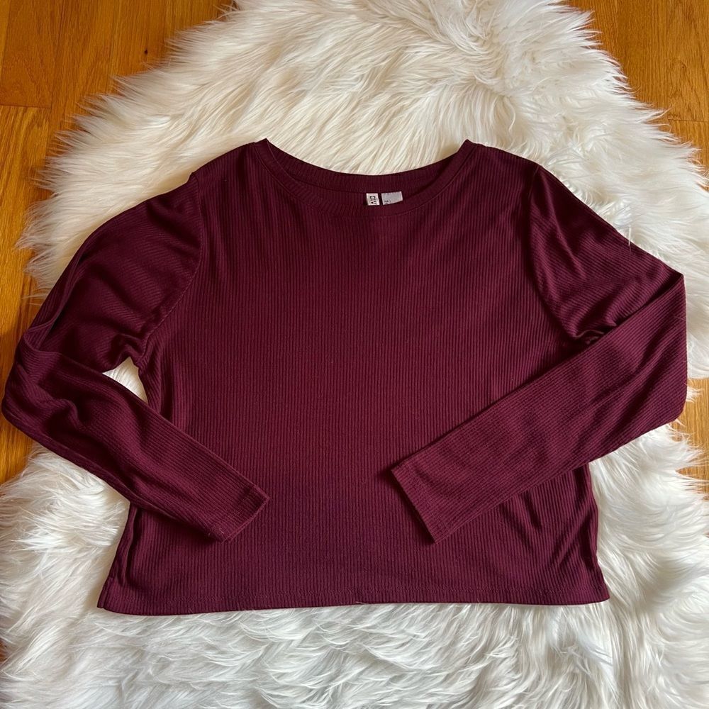 Women’s Burgundy Divided Long Sleeve Ribbed Top L